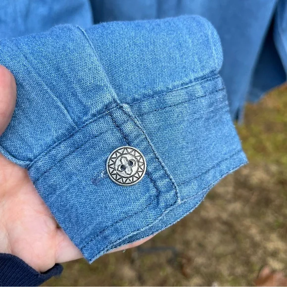 90s Adrian Delafield Embroidered Denim Button-Up Shirt Blouse Leaves Fall Fairy - Picture 12 of 14